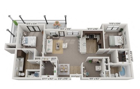 Floor plan for 2 beds, 2 baths, 1303 sqft